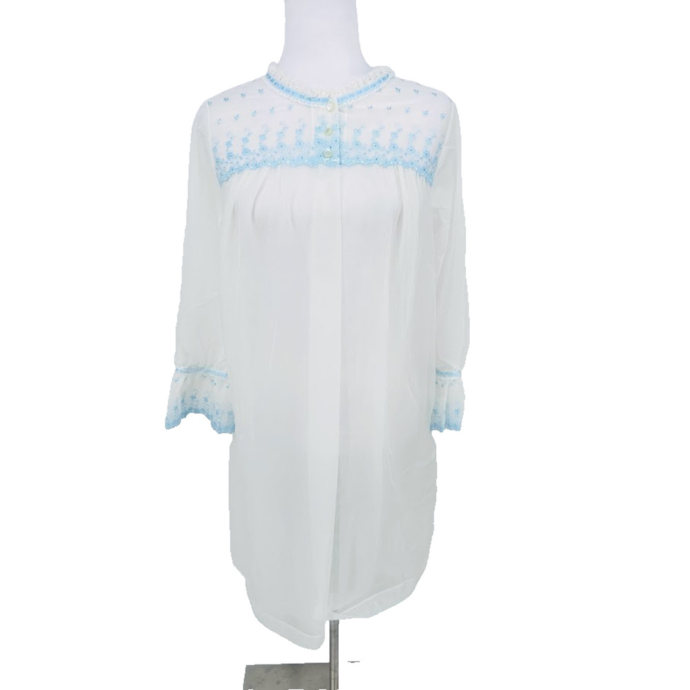 Vintage Komar Peignoir Night Gown Robe White Sheer Chiffon Blue Embroidered S